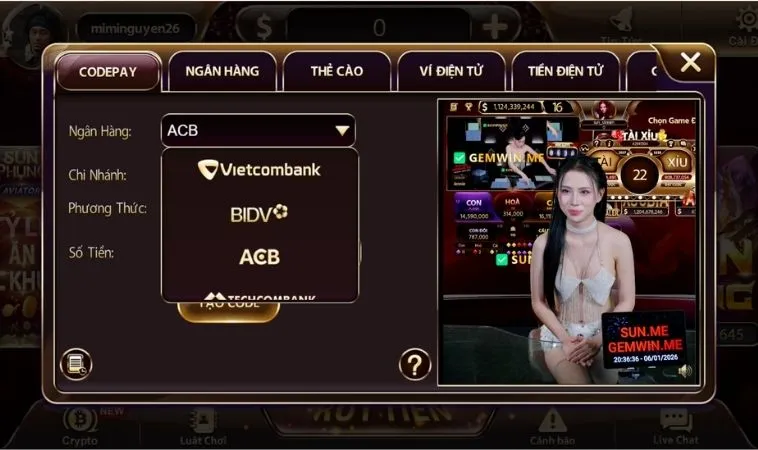 Giao diện nạp tiền SunWin